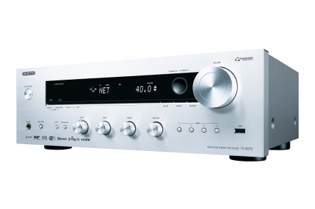 Stereoförstärkare Onkyo TX-8270 i silver med kontroller och display.