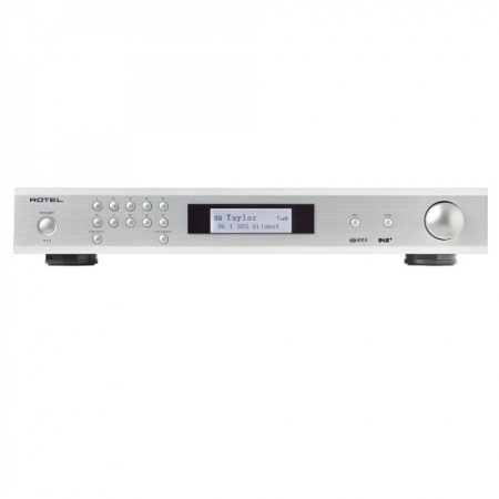 Rotel T11 DAB/FM-radio, silver DAB/FM-radio med silverfärgad yta och digital skärm.