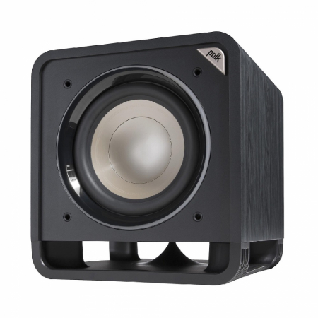 Aktiv subwoofer i svart med rund högtalardel och robust design.