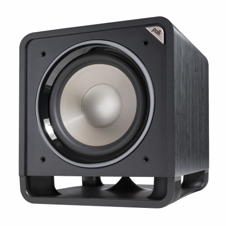 Aktiv subwoofer i svart med rund högtalare, Polk Audio HTS12.