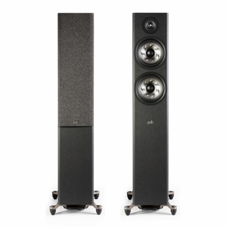 Golvhögtalare i svart med två woofer och en diskant. Modern design.