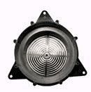 Högtalaradapter med rund gallerdesign och tre fästehörn.