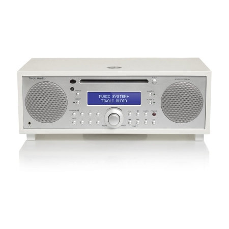 En vit musiksystem med två högtalare och digital display.