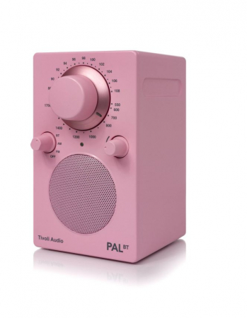 En rosa FM-radio med Bluetooth och justerbara knappar.
