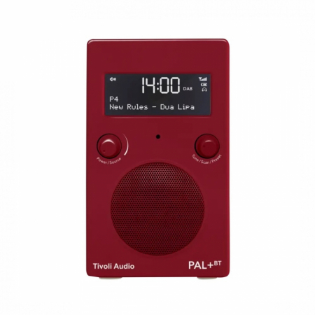 Röd DAB/FM-radio med Bluetooth, skärm och kontroller.