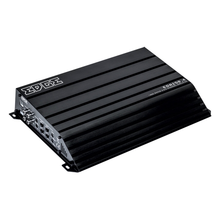 Svart bilförstärkare med flera anslutningar och kylfläns. Model EDGE EDA150.4-E7.