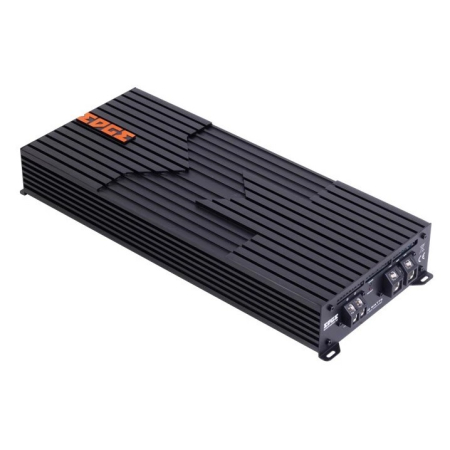 EDGE EDBX2200.1D-E4, monoblock En svart monoblock förstärkare med vinklad design och anslutningar på ena sidan.