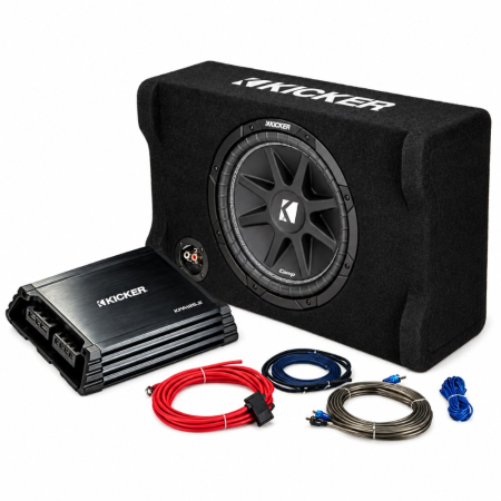 Kicker KickPack KKPDF212, baspaket med sluten nedåtriktad 12 tums baslåda, slutsteg och kablage i gruppen Paketlösningar / Paket för bilen / Baspaket hos BRL (41049KKPDF212)