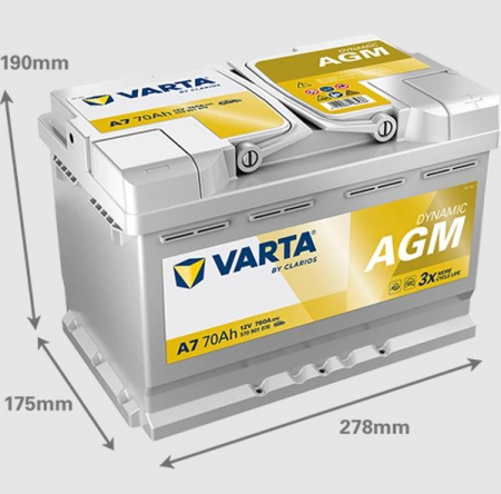 Batteri med specifikationer för Varta Silver Dynamic AGM 760A 70Ah.