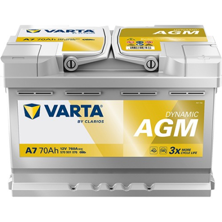 Batteri med specifikationer för Varta Silver Dynamic AGM 760A 70Ah.