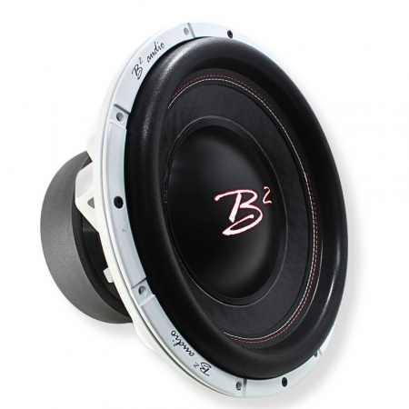 En svart och vit subwoofer med en stor membran och B2 Audio-logotyp.