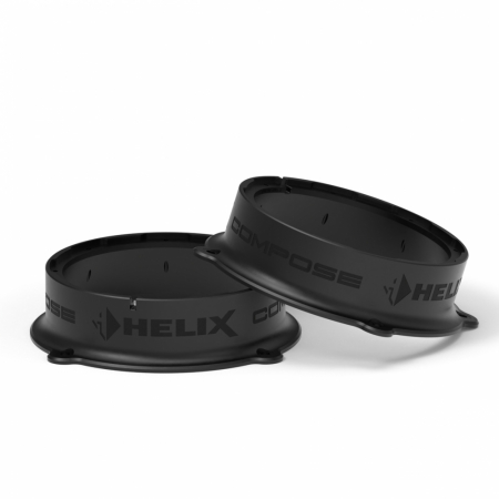 Svarta baser för högtalare, märkta med Helix Compose.