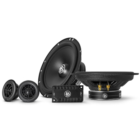 DLS PA6.20, 6.5 tums kitsystem Högtalarsystem med bas, diskant och delningsfilter i svart design.