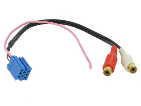 En kabel från Blaupunkt med Mini ISO till 2 RCA anslutningar.