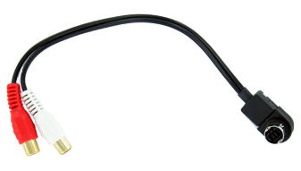 En kabel med JVC J-Link kontakt och RCA-kontakter röd och vit.