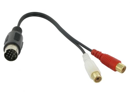 Adapterkabel med 13-stifts kontakt och två RCA-kontakter.