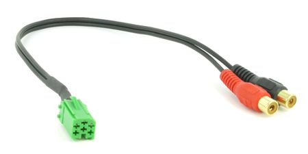 En Aux-kabel med RCA-kontakter och grön kontakt.