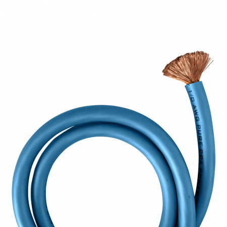 Blå strömkabel med 50mm² tvärsnitt och flätad kopparända.