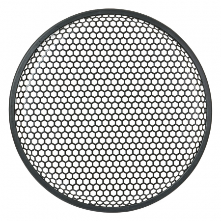 Ett runt, svart högtalargaller med hexagonalt mönster.