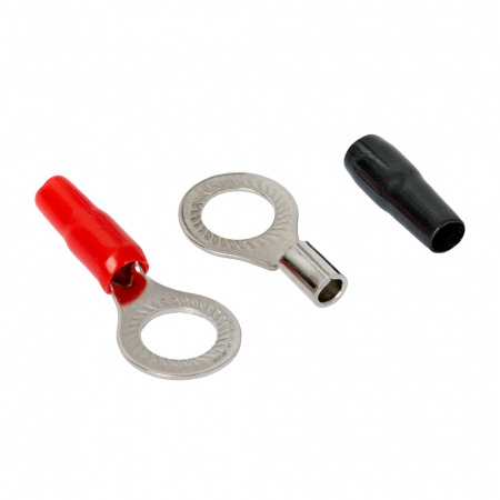 Röd och svart ringkabelsko M12, 10 mm² med metallring och isolering.
