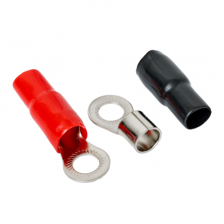 Två ringkabelskor, en röd och en svart, för M12 med 53 mm².