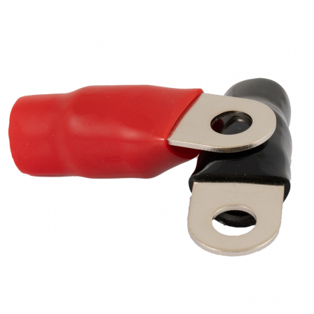 Två ringkabelskor med isolering, röd och svart, avsedd för 50mm² kabel.