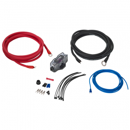Ett kabelkit med röd och svart tråd, säkringshållare och tillbehör för installation.