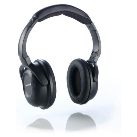 Svart trådlös hörlur med mjuka öronkuddar och justerbar båge.