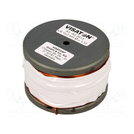 En ferritspole med märkning och vit spole, 10 mH, 56 mm diameter.