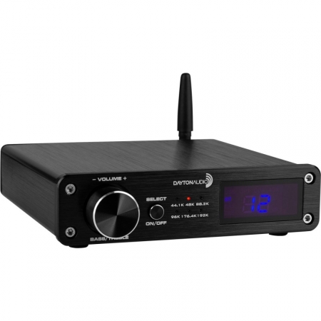 Mikroförstärkare med Bluetooth och DAC, svart med digital display och volymkontroll.