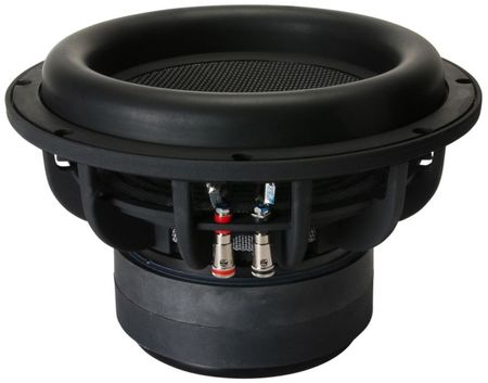 En svart subwoofer med en stor membran och anslutningar.