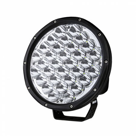 Rund LED-strålkastare med många lysdioder, svart ram och monteringsfäste.