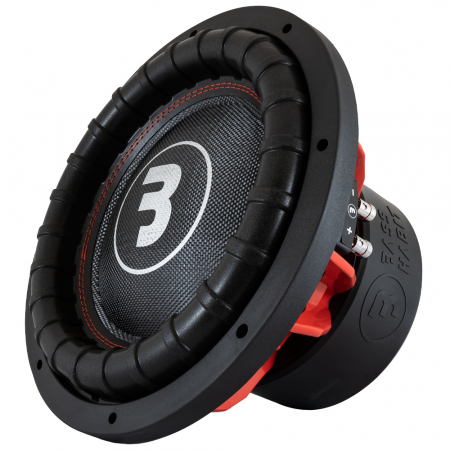 En 12-tums subwoofer med svart och röd design.