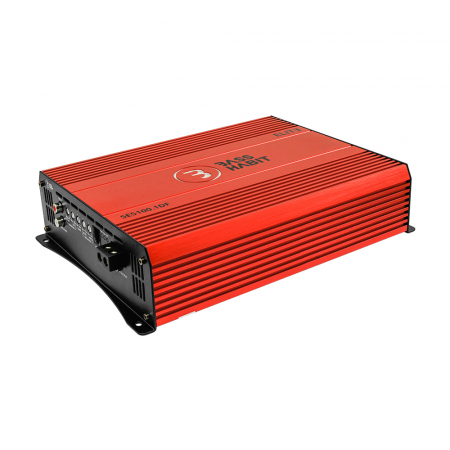 En röd monoblock förstärkare med flera anslutningar. Produktnamn: Bass Habit SPL ELITE 5100.1DF.