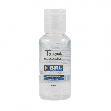 Handdesinfektionsgel i en 50 ml flaska med 70% alkohol.