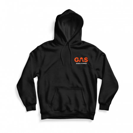 Svart hoodie med huva och GAS-logotyp i orange.
