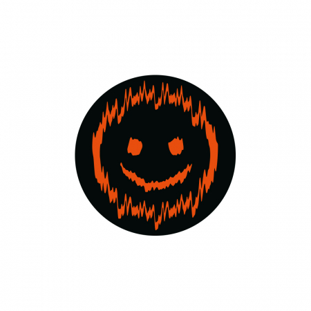 Svart och orange ikon med en glad smiley och ljudvågsdesign.