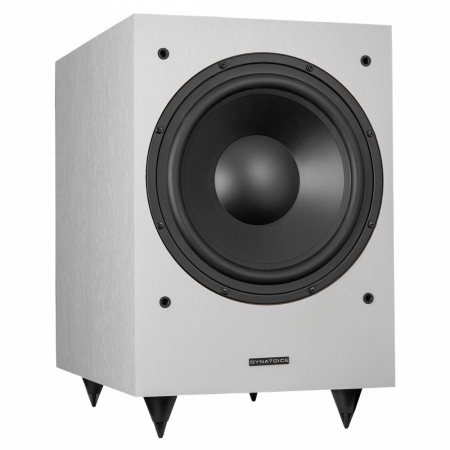 En vit subwoofer med svart högtalarelement och tre ben.