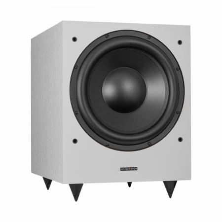Vit subwoofer med svart högtalarelement och fyra fötter.