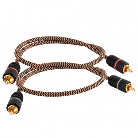 Två RCA-kablar med guldpläterade kontakter och flätad design, 0,25 meter.