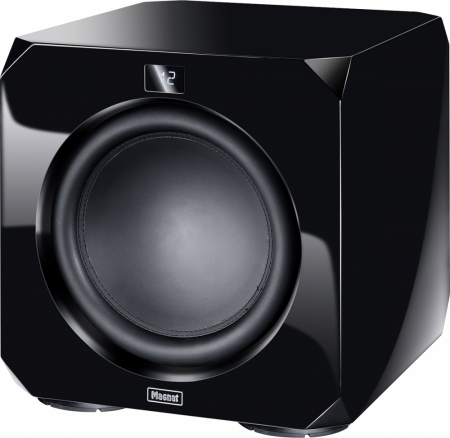 En svart aktiv subwoofer med rund högtalare och glänsande yta.