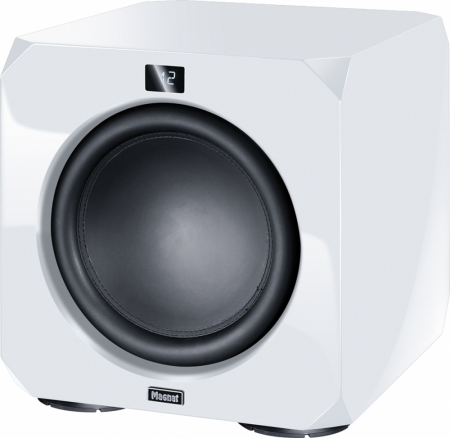 Aktiv subwoofer i vit finish med rund svart membran. Magnat Omega CS 12.