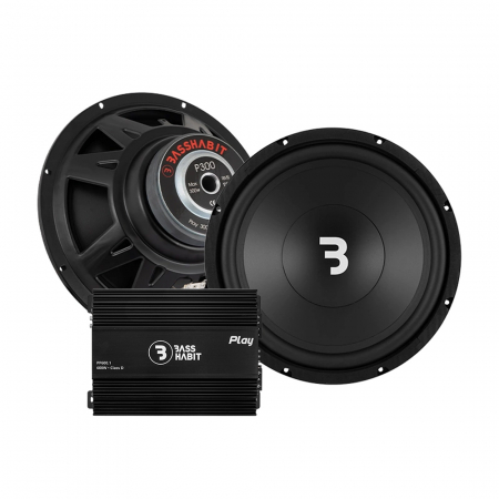 En bild av ett baspaket med två subwoofers och en förstärkare.