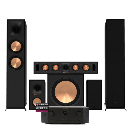 Hemmabio-paket med förstärkare och högtalare i svart design.