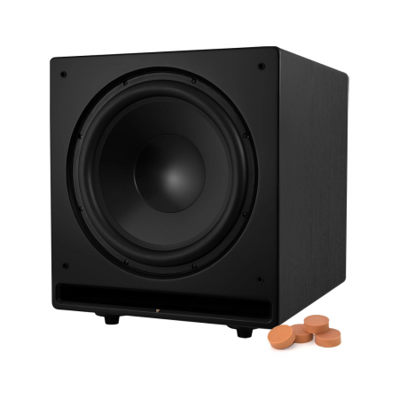 En svart aktiv subwoofer med dämpkuddar bredvid.