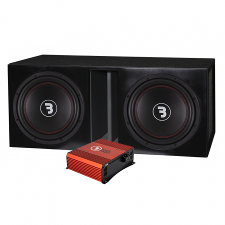 Låda med två subwoofers och en förstärkare.