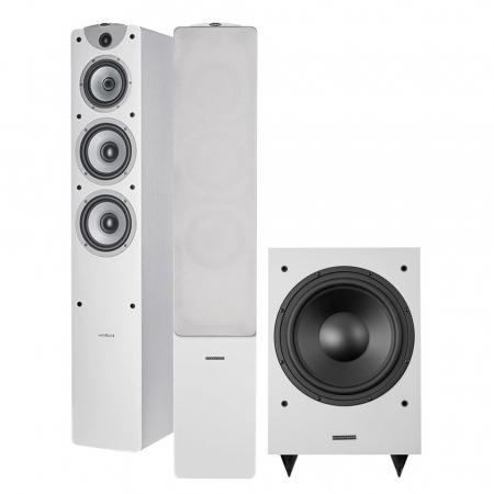 Högtalarpaket med vita golvhögtalare och subwoofer.