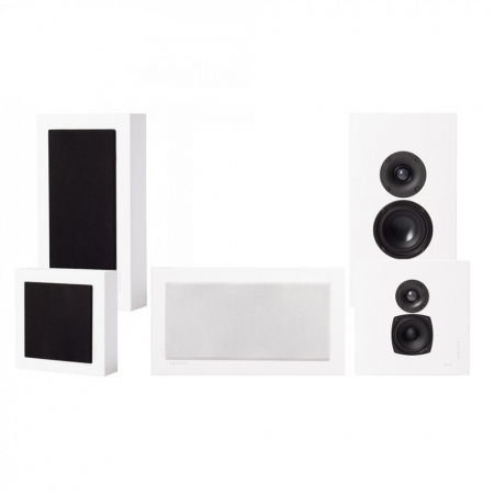 DLS Flatbox Midi v2 On-Wall 5.0 högtalarpaket, vit i gruppen Paketlösningar / Paket för hemmet / Högtalarpaket hos BRL Electronics (SETFBMIDIPKT5)