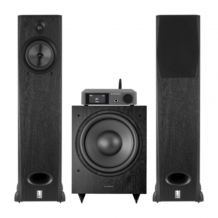 Högtalarpaket med två tornhögtalare och en subwoofer, svart träfinish.