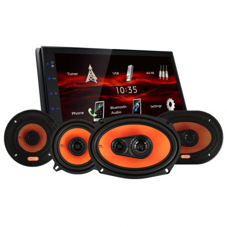 En bilstereo med skärm och fyra högtalare i svart och orange.